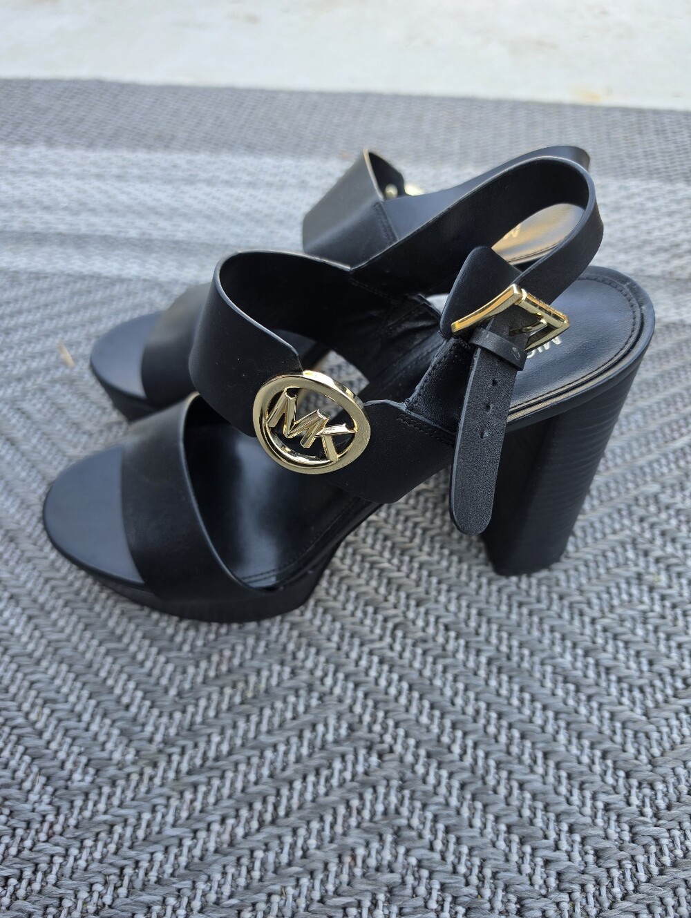 Michael Kors Black Leather Gold-Logo Block Heel Sandals